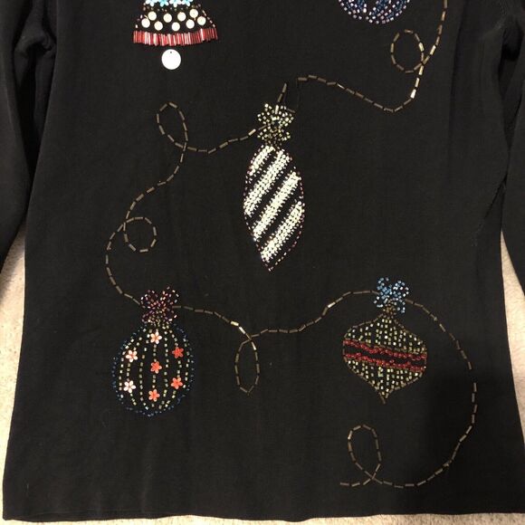 Black Slinky Knit Beaded Shirt Christmas Balls Ornaments Long Sleeve Size Medium - Picture 7 of 16